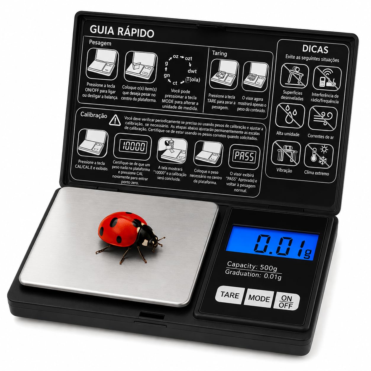 Balança Digital de Precisão 0,01g a 500g Compacta e Portátil com Visor LCD - " Função Tare" 2 Pilhas Inclusas, Facilidade e Praticidade em um