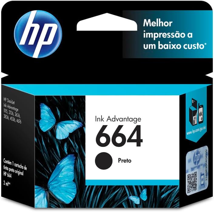 Cartucho de Tinta HP 664 Preto Original (F6V29AB) para Impressoras Deskjet 2136, 2676, 3776, 5076, 527