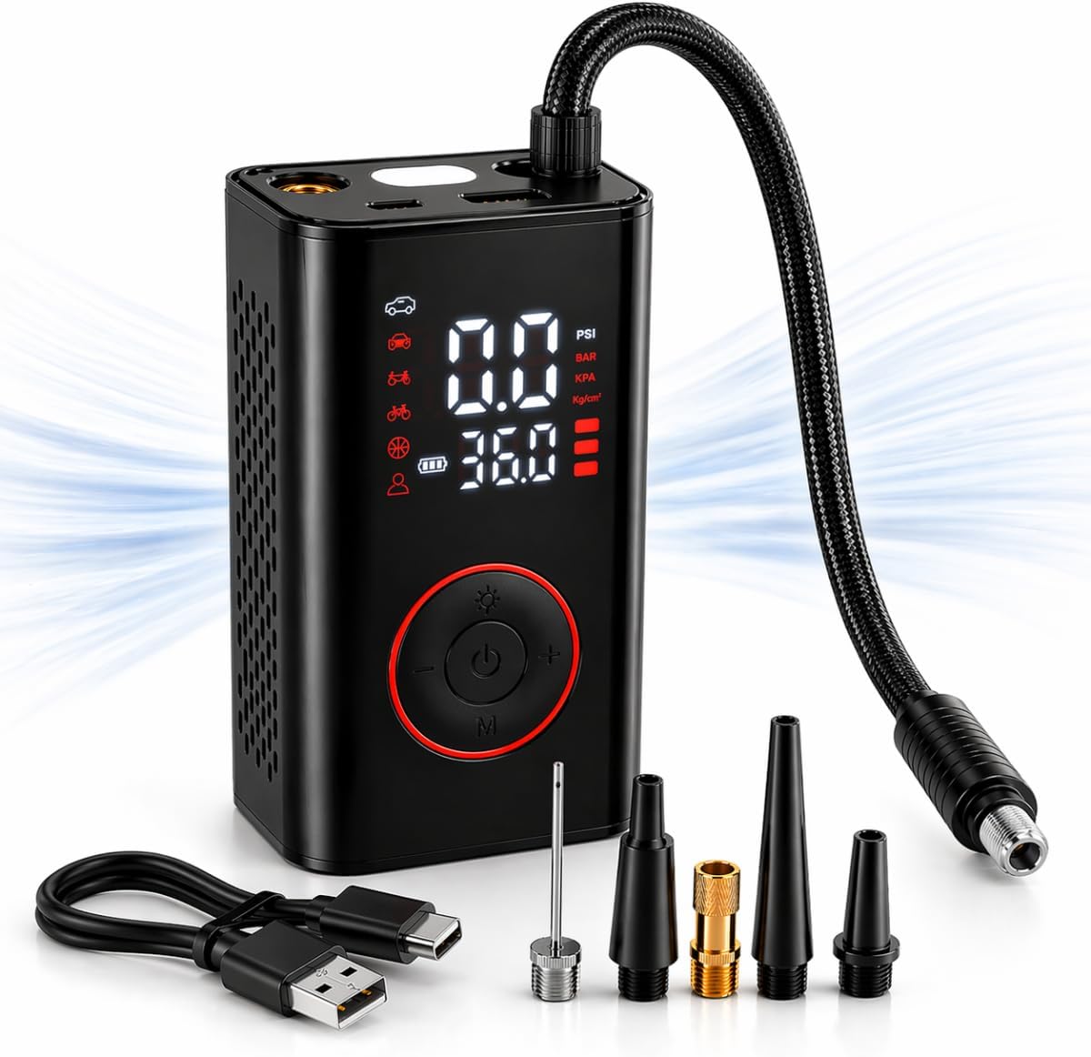 Compressor de Ar Portátil Premium Mini Calibrador Digital Sem Fio - Inflador para Pneus, Bola e Infláveis