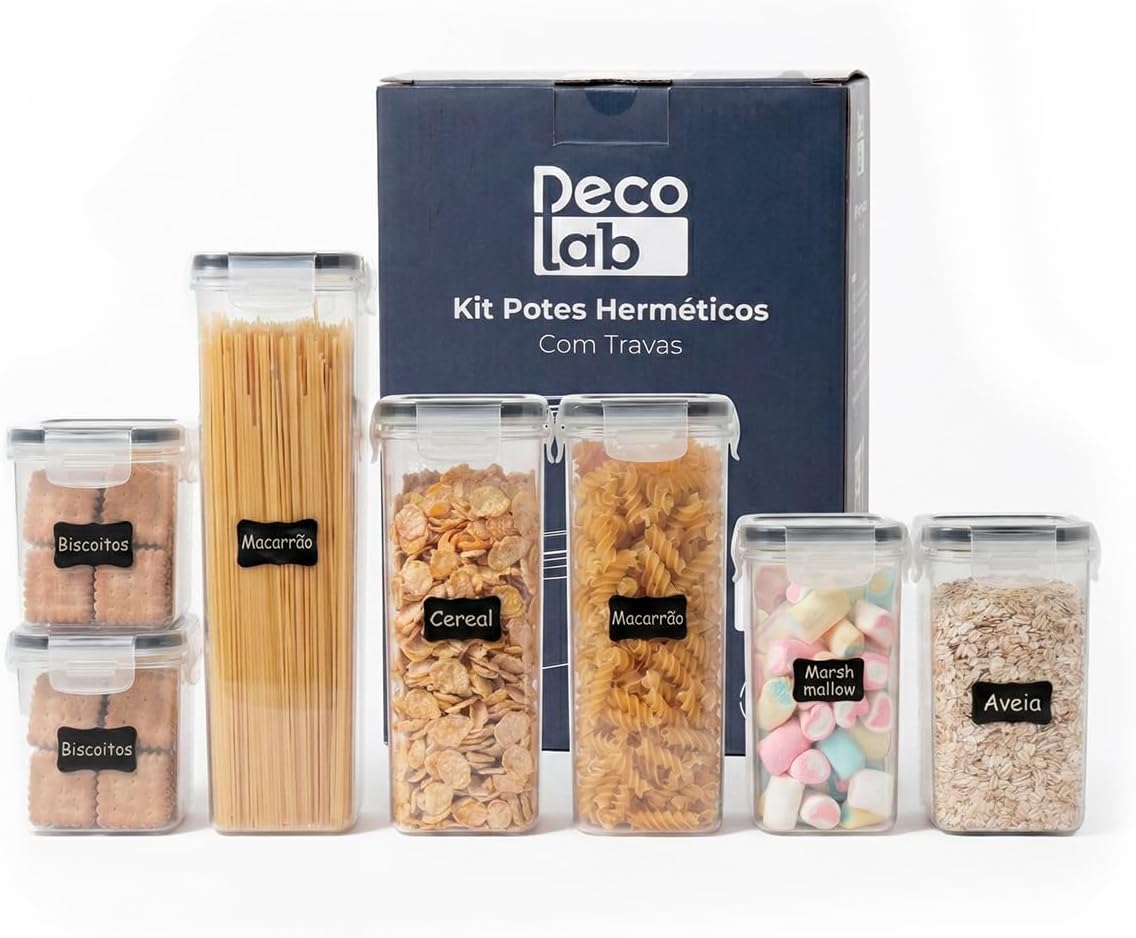 Decolab Kit Potes Herméticos com Vedação de Silicone Plástico BPA Free - Organizador de Geladeira, Porta Cereais, Temperos e Mantimentos (7