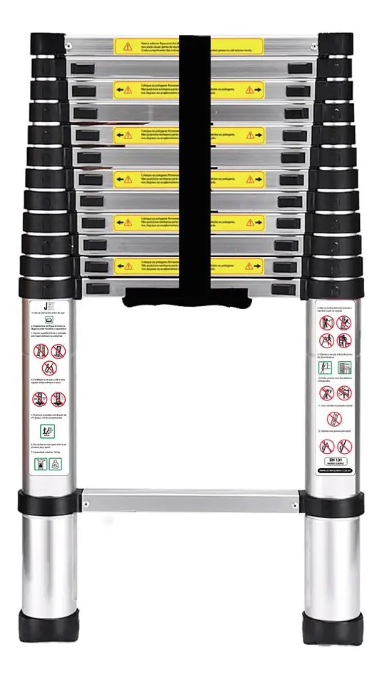 Escada Telescópica JST 13 Degraus Aço Inoxidável 3,8m Dobrável Antiderrapante