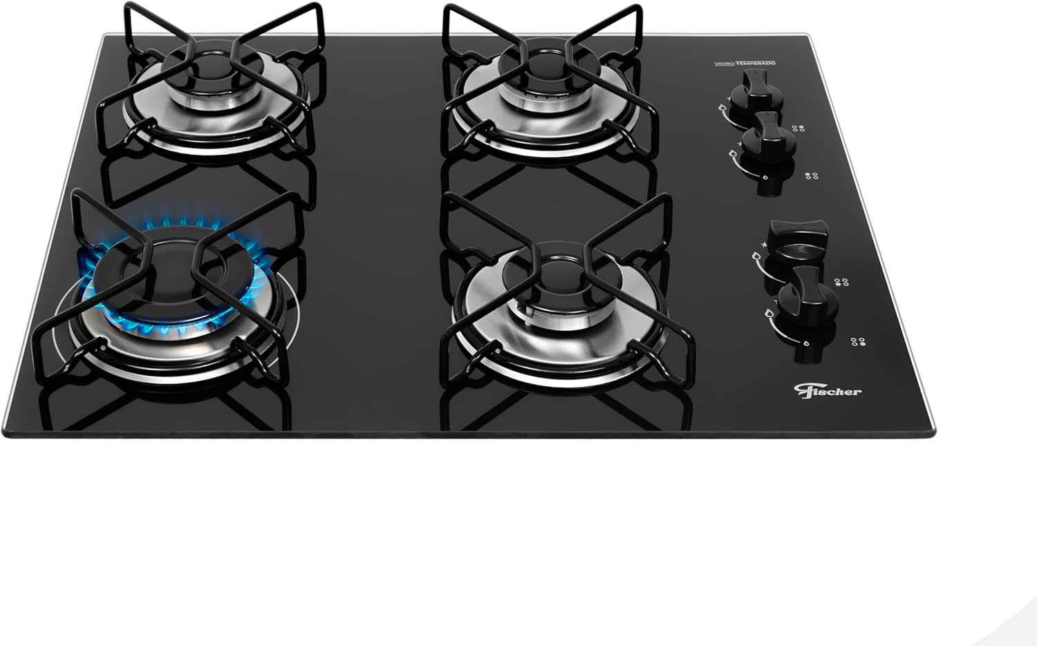 Cooktop a Gás Fischer 4 Bocas Fit Line Trempe Aramado Mesa Vidro Preto Bivolt