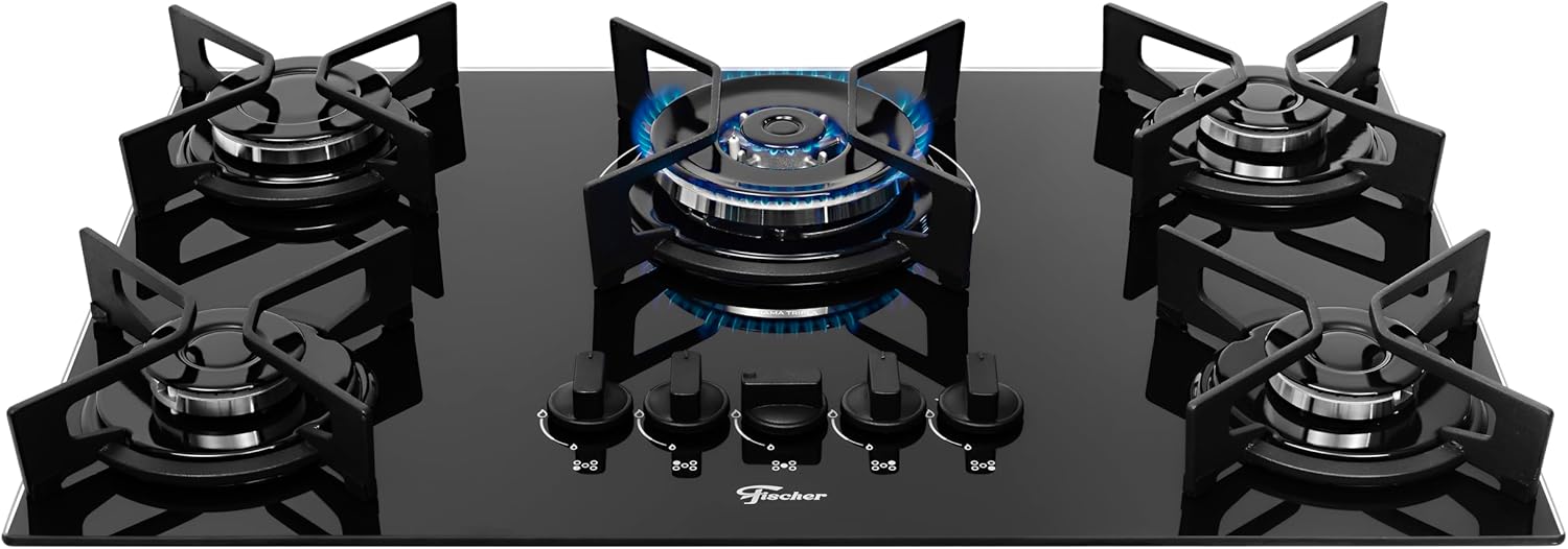 Cooktop Fischer Fit Line 5 Bocas Tripla Chama Mesa Vidro Preto Bivolt 36340-102674