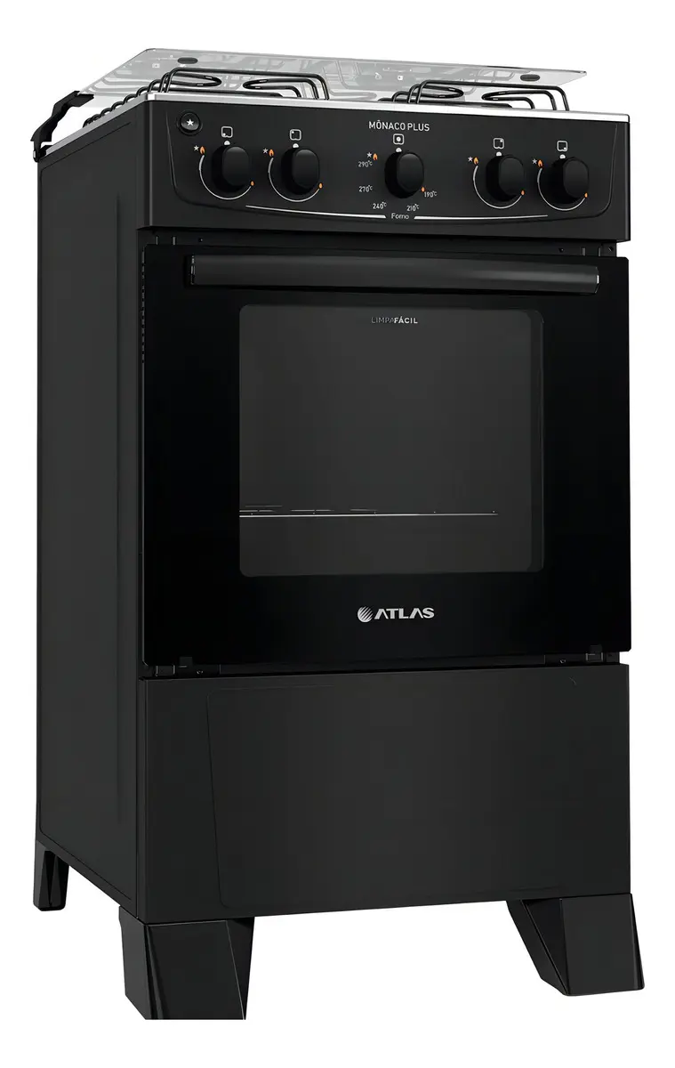 Fogão Atlas Mônaco Plus 4 Bocas Preto com Mesa Inox e Acendimento Automático