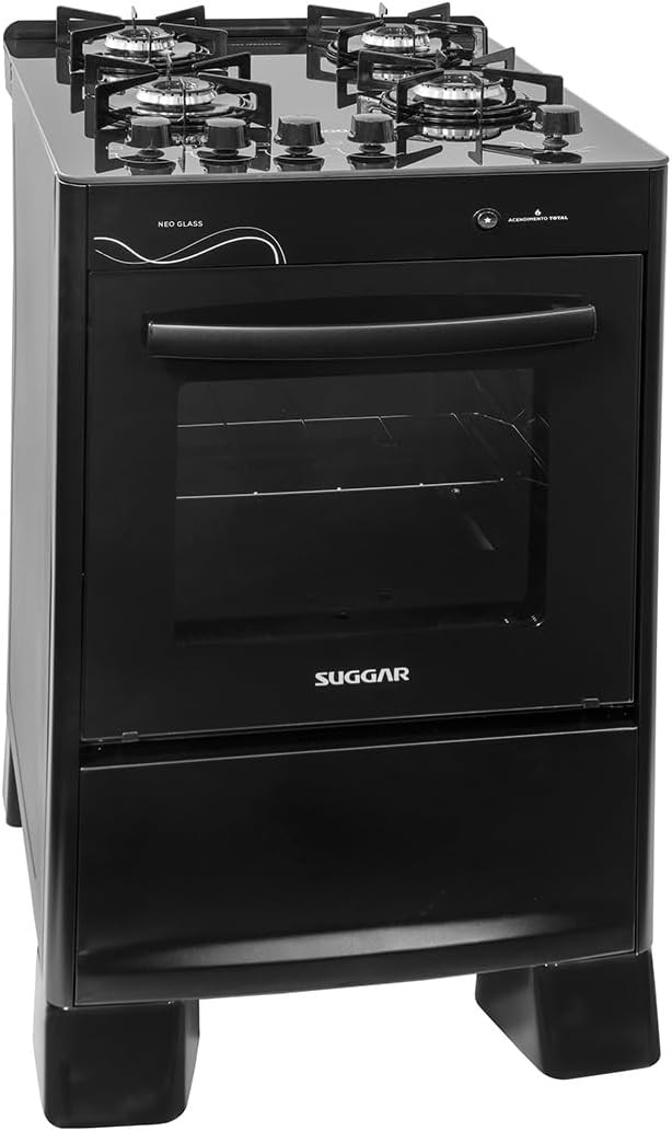 Suggar Fogão Neo Glass Preto Mesa de Vidro 4 Bocas