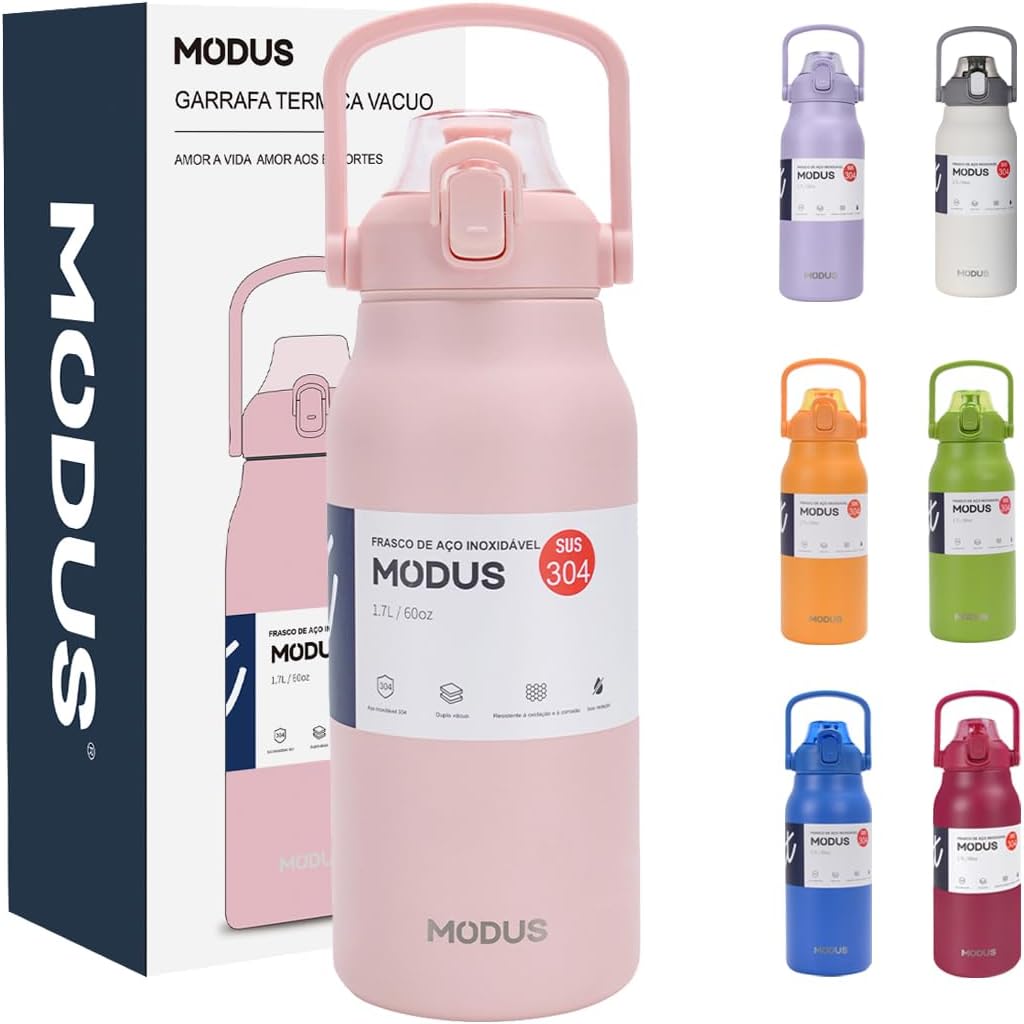 Garrafa Térmica Rosa 1700ml - Duplamente Isolada a Vácuo com Canudo e Base Anti Derrapante