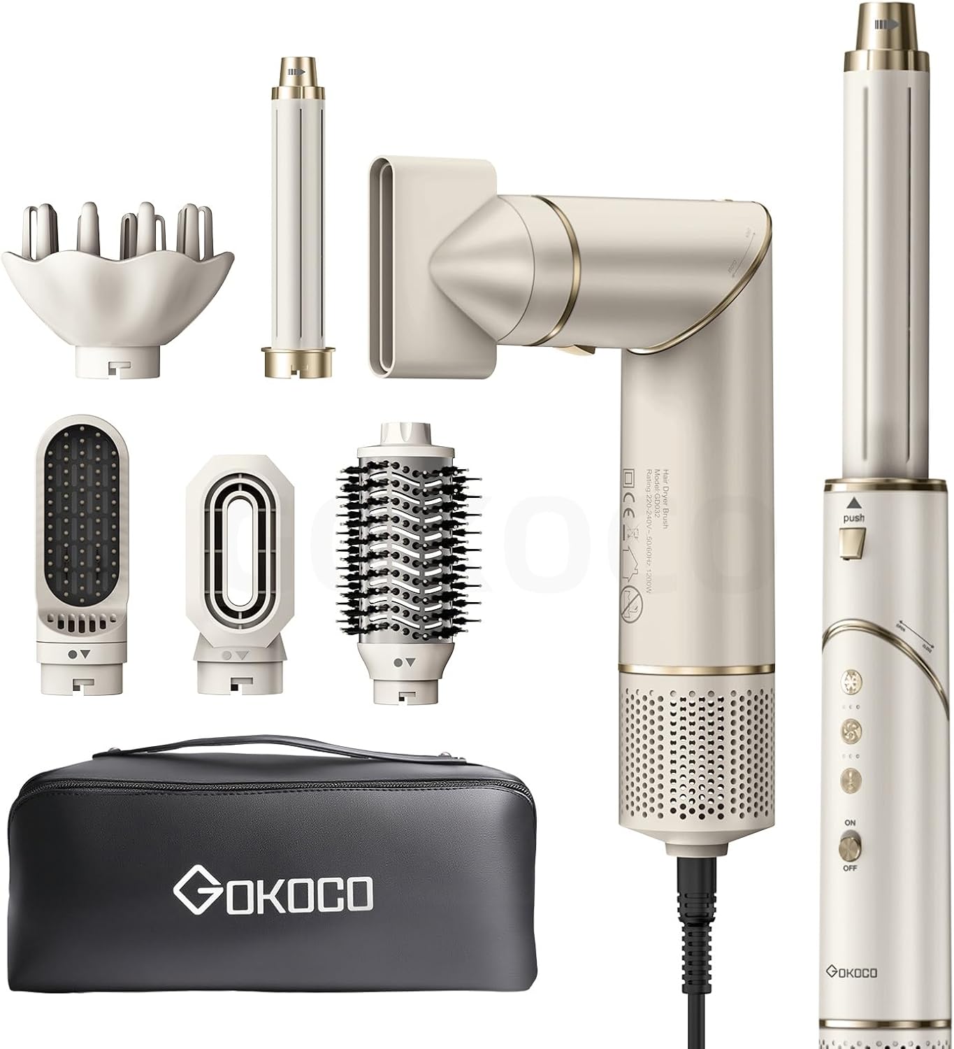 GOKOCO Secador de Cabelo 127v/110v 7 em 1 - Incluso 2x Bocal, Difusor, Escova Secadora, 2x Modelador de Cachos, Alisador para Alta Velocidade Para