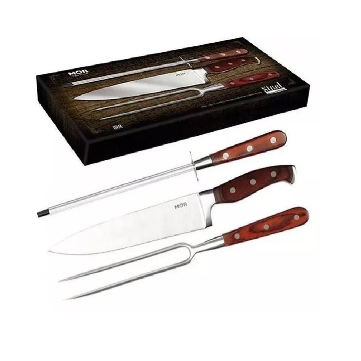 Conjunto de Churrasco 3 Peças Mor Aço Inox e Cabo de Madeira