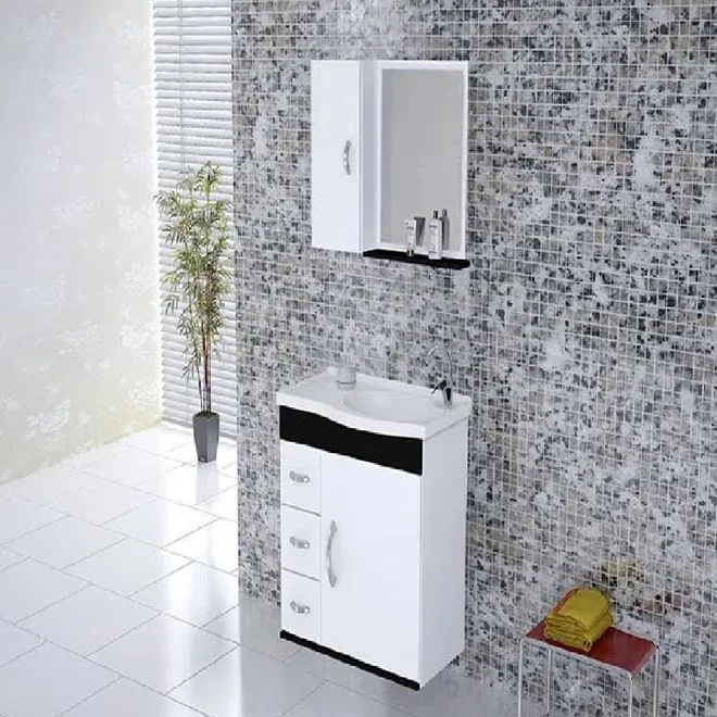 Balcão Kit Verona Suspenso 3 Gavetas + Espelho 55,5cm Preto e Branco - RORATO
