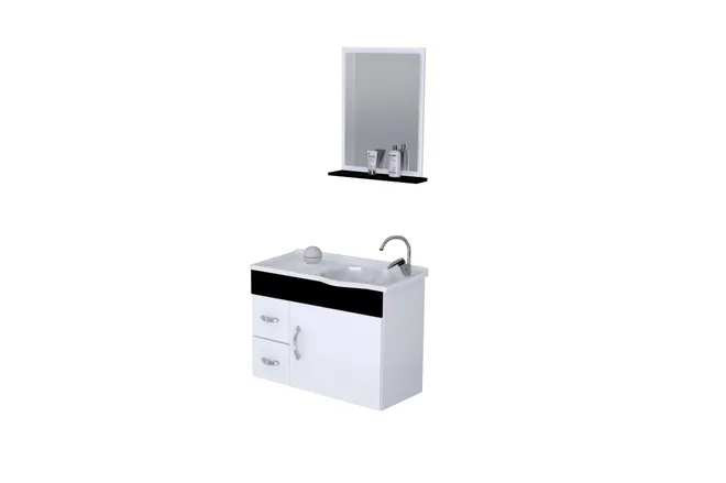 Balcão Branco com Preto Kit Siena Suspenso 2 Gavetas com Espelho 55,5 cm - RORATO
