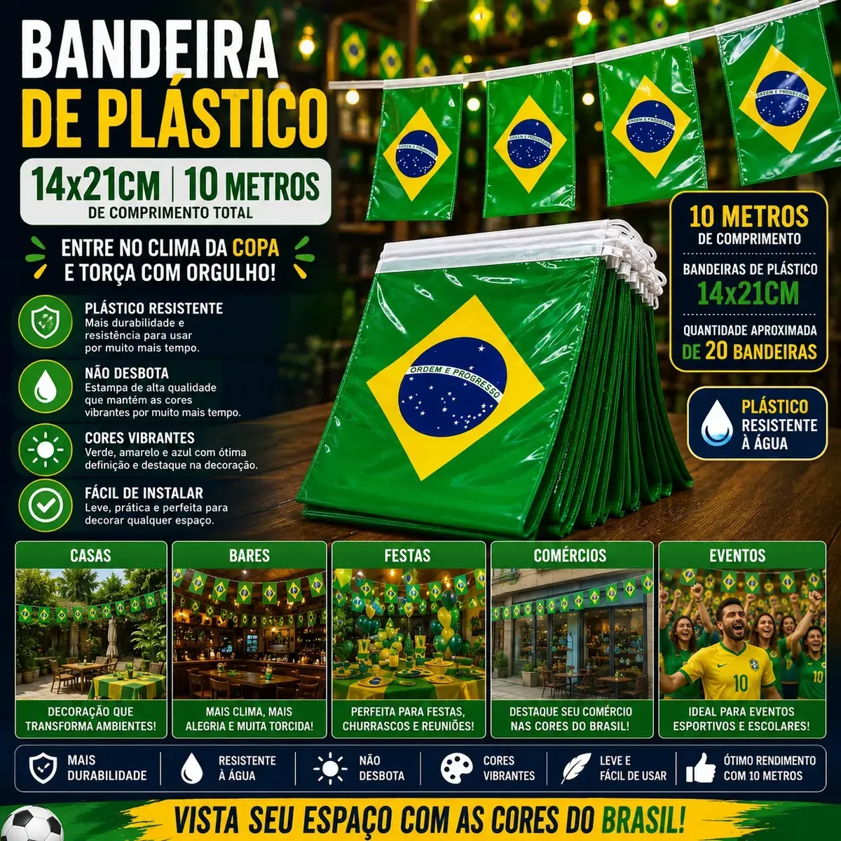 Kit Varal de Bandeirinhas do Brasil 50/80 Metros - Decoração para Festas — foto 3