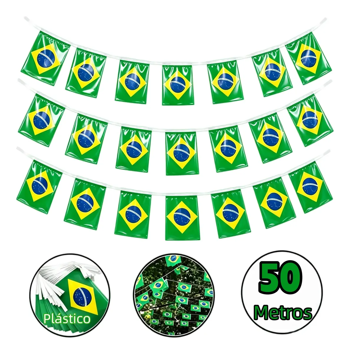 Kit Varal de Bandeirinhas do Brasil 50/80 Metros - Decoração para Festas