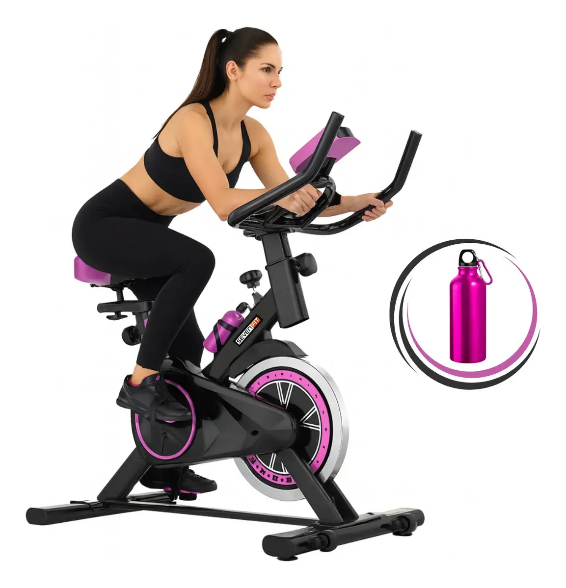 Bicicleta Ergométrica Bike Spinning Garrafa 6kg Sensação Inércia Com Medidor Cardíaco Fitness Preto e Rosa Sevenfit