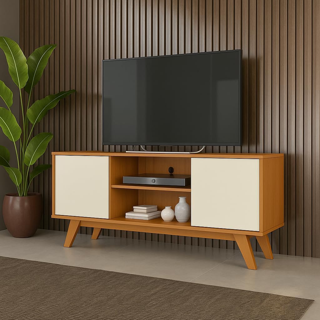 Rack Turim para Sala de Estar - 2 Portas e Nichos para TV até 50" - Pés Retrô em Madeira Cedro/Off