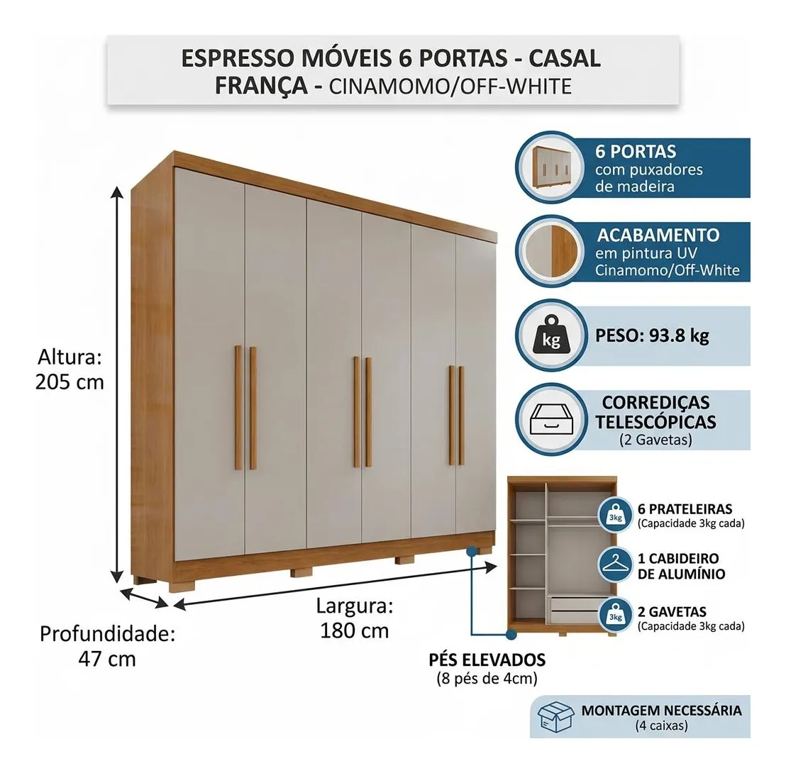 Guarda-roupa Casal 6 Portas 2 Gavetas França - Cinamomo/Off-White — foto 3