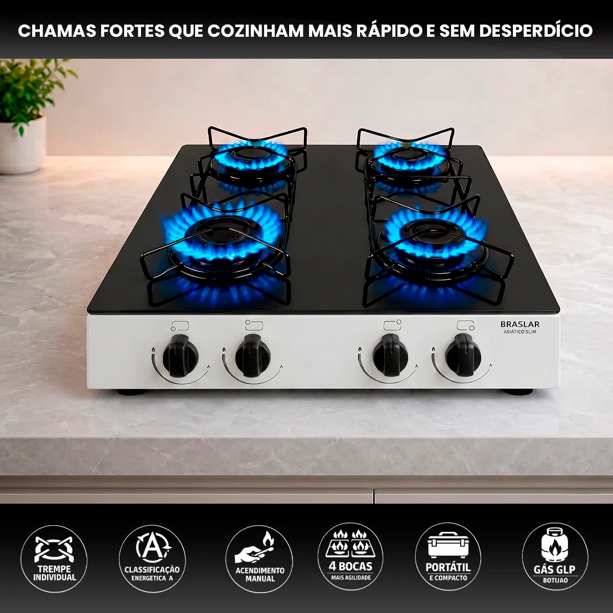 Fogão Cooktop Braslar Asiático Vidro 4 Bocas a Gás GLP — foto 3