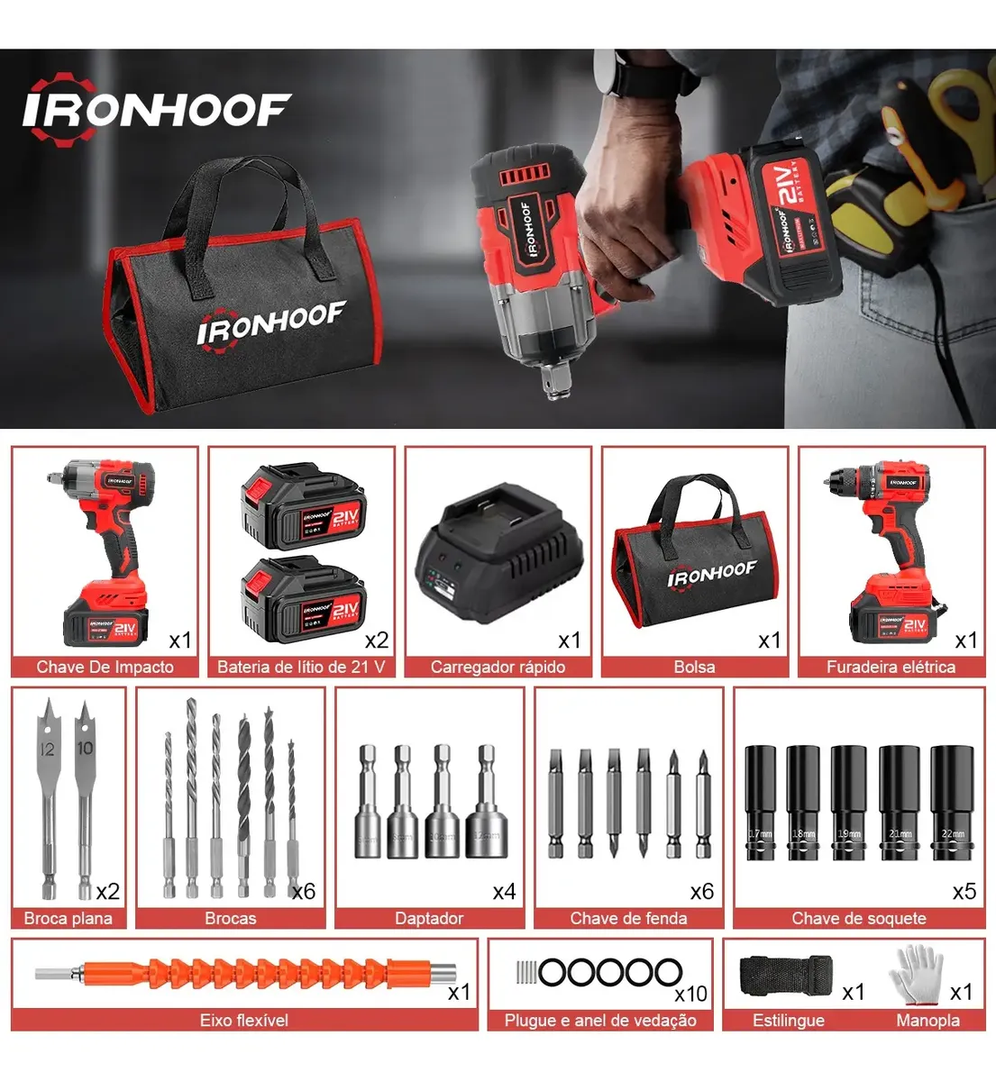 Kit Furadeira e Parafusadeira Chave de Impacto Brushless Ironhoof — foto 3