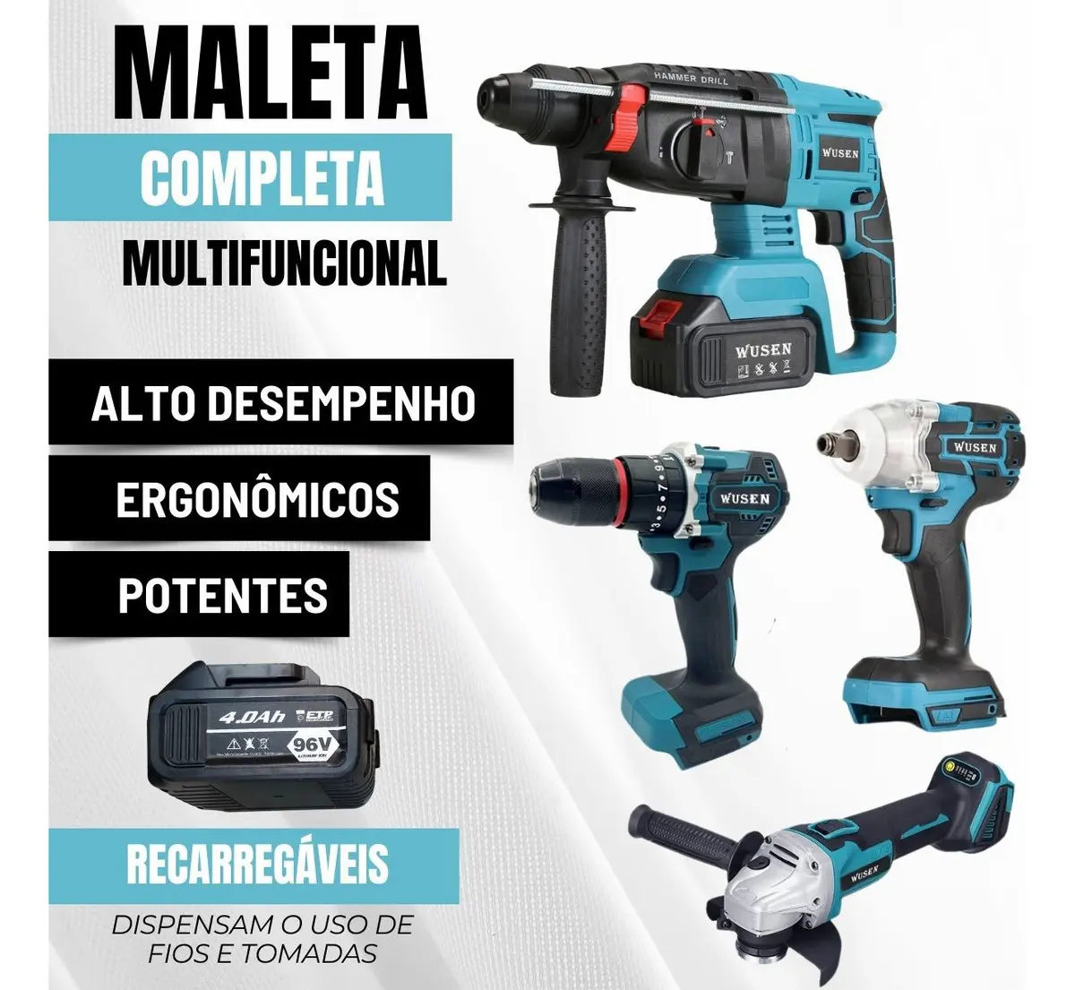 Kit Maleta 4 Ferramentas Elétricas Sem Fio - Furadeira, Martelete e Esmerilhadeira — foto 3