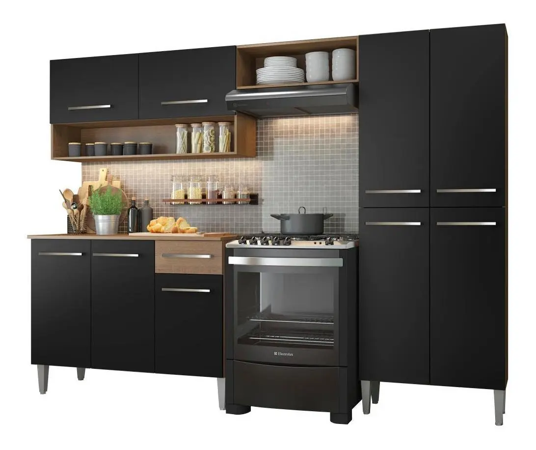Armário de Cozinha Emilly Pop Compacto Rustic/Preto - Completo com Balcão e Paneleiro