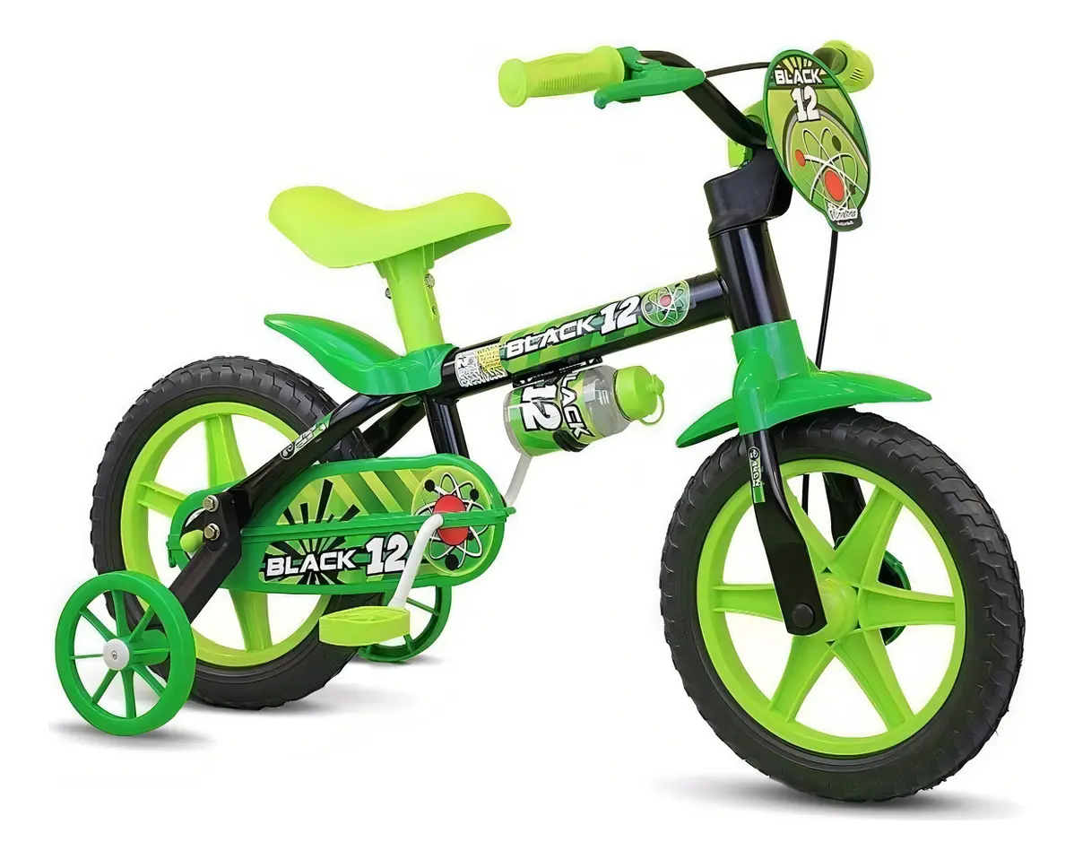 Bicicleta Infantil Nathor Aro 12 Preto/Verde - 2 a 5 Anos