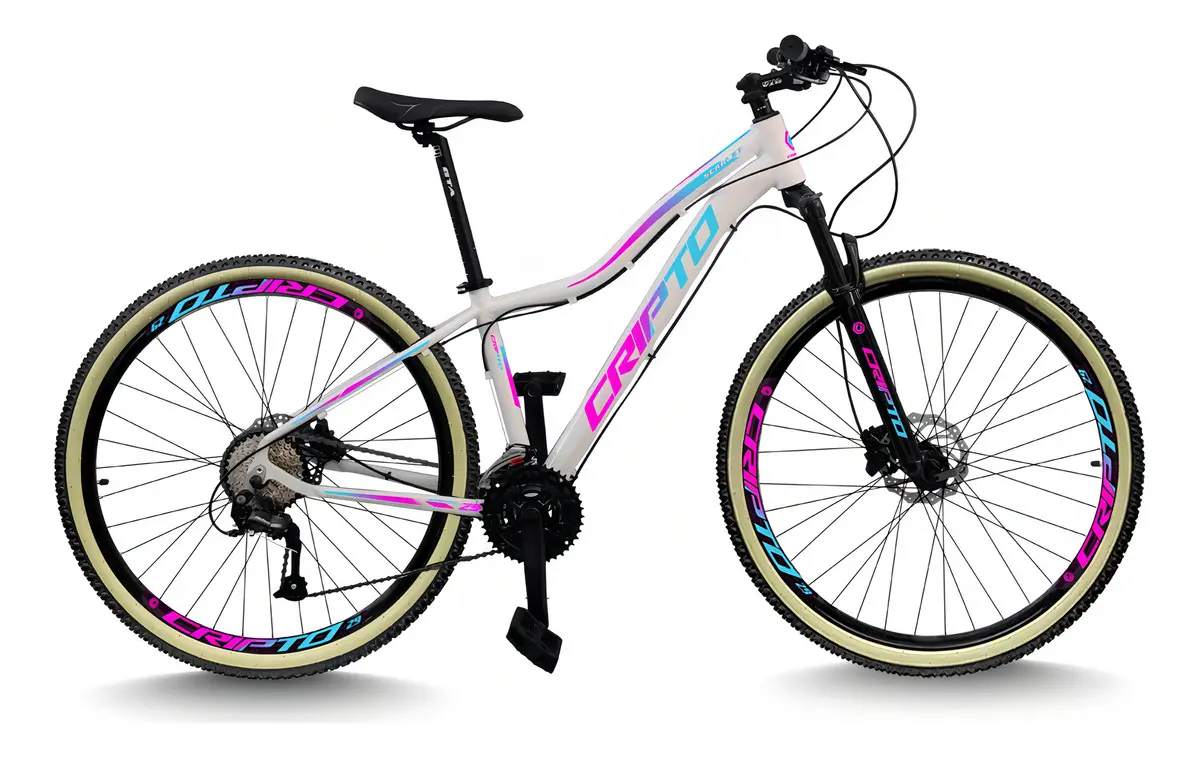 Bicicleta Aro 29 Mtb Cripto 24v Freio Disco - Bege, Branco/Azul e Rosa - Quadro 15