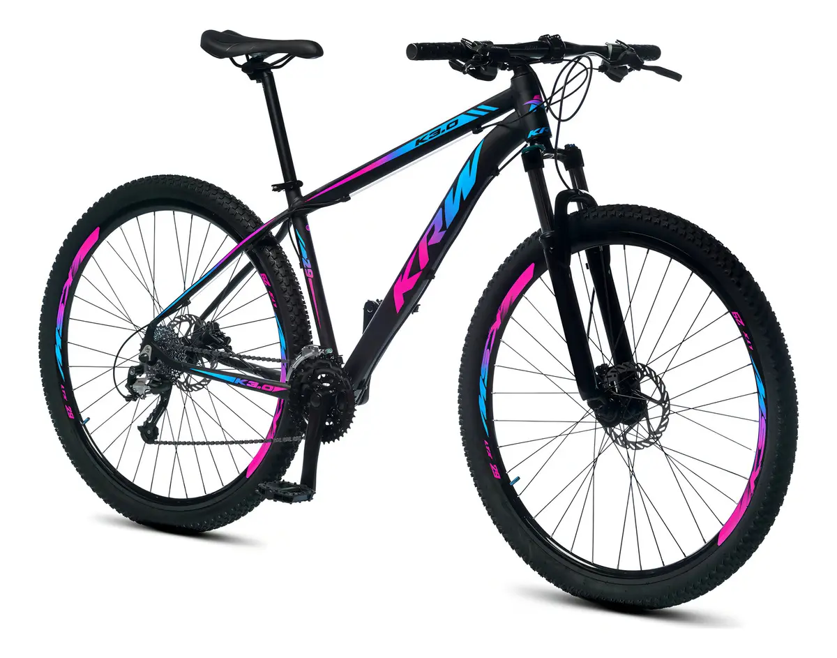 Bicicleta Mountain Bike Aro 29 com Câmbio de 21 Velocidades e Freio a Disco - Preto, Rosa e Azul