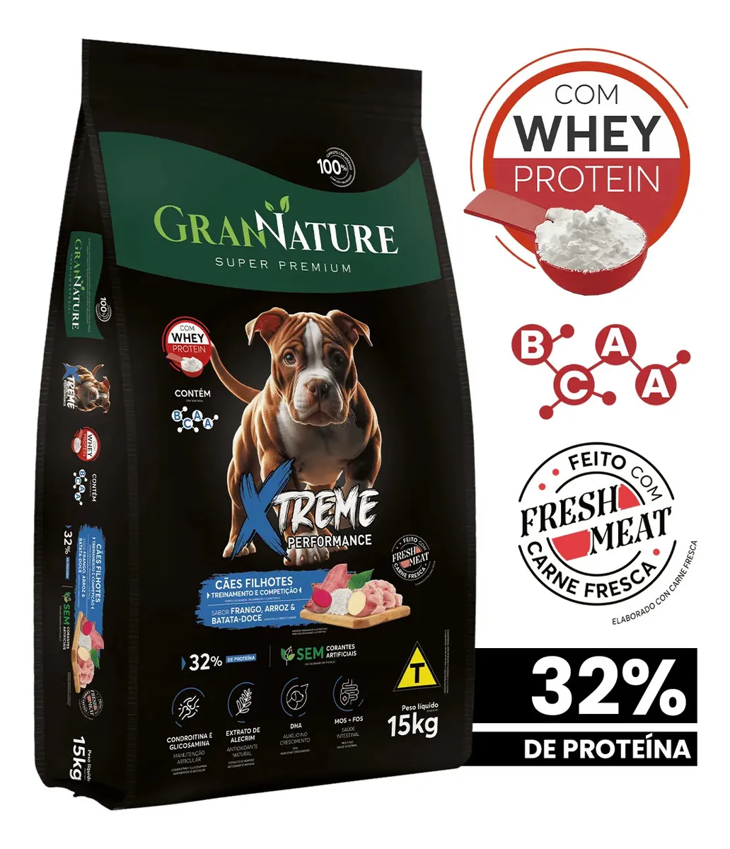 Grannature Xtreme Ração Whey Protein 32% Proteína para Cães Filhote 15kg
