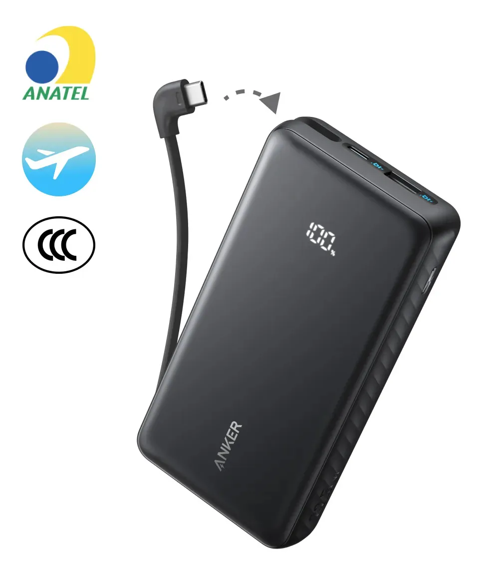 Carregador Portátil Anker Power Bank 20000mAh 22.5W Cabo USB-C Integrado - Preto