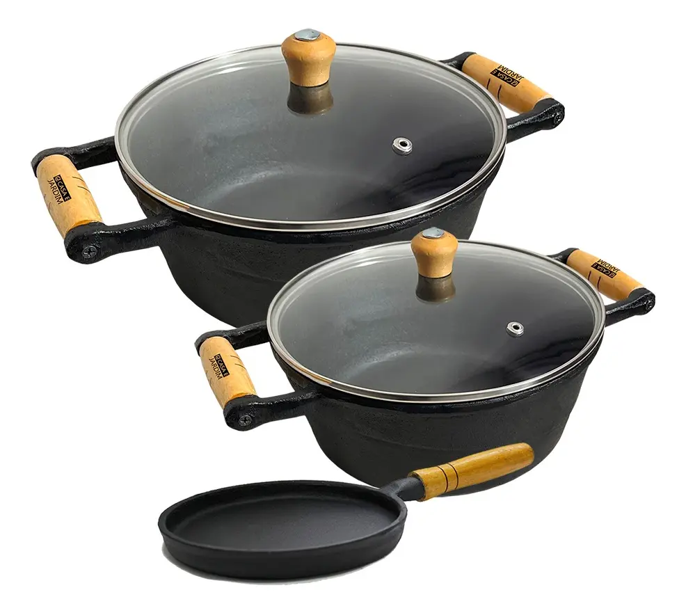 Kit 3 Panelas de Ferro Fundido com Tampa de Vidro - Casa e Jardim