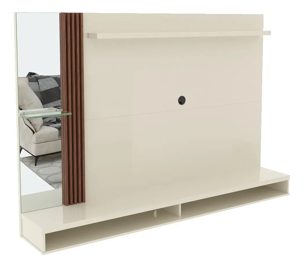 Painel Para TV Até 55 Polegadas ViaNossa Ripado e Espelho Paris 160cm Off White/Naturale