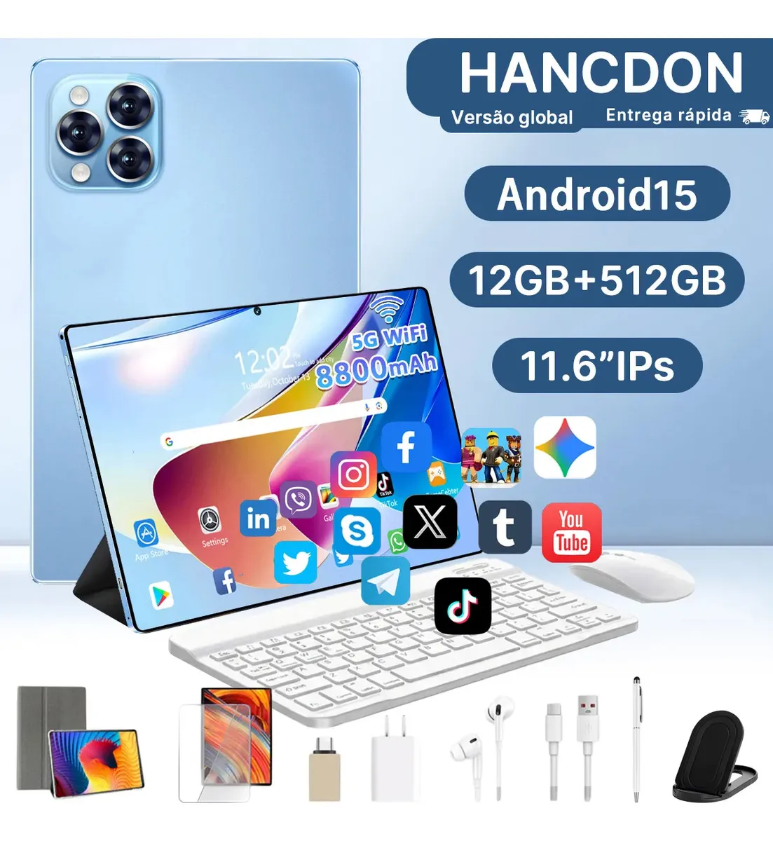Hancdon Tablet 15 - 12GB RAM, 512GB, 11.6'' HD, Dual SIM, Bateria 8800mAh, Kit Completo