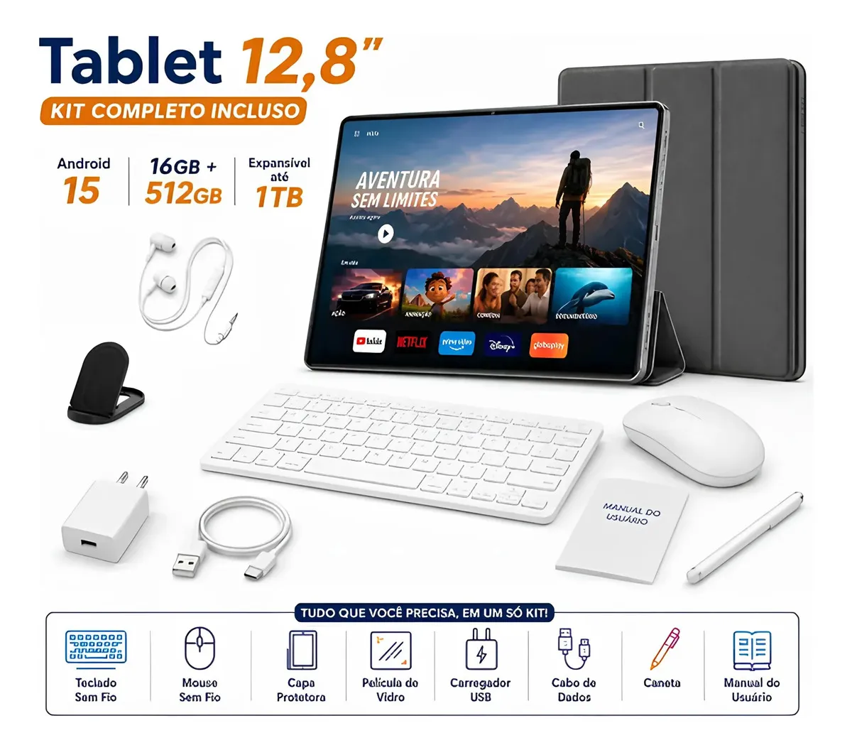 Tablet Hancdon Android 15 Tab 12,8'' HD - 16GB RAM, 512GB, Wi-Fi, Bateria 8800mAh, Kit Completo