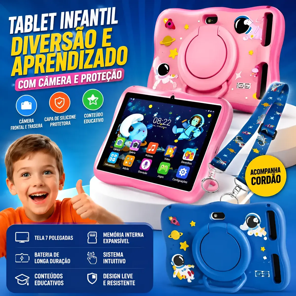 Tablet Infantil Astronauta 7" Android 128GB 6GB RAM - Cor Rosa