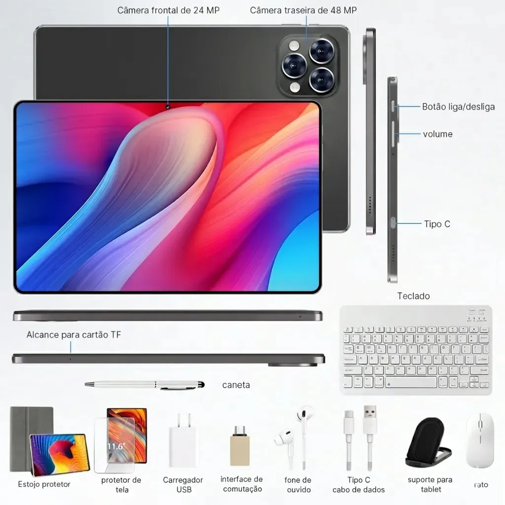 Tablet Android 12GB RAM 512GB 11.6" Tela Grande Bateria 8800mAh Wi-Fi 5G