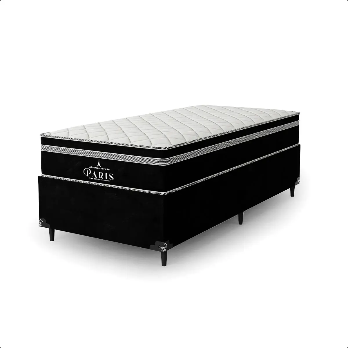 Cama Box Solteiro Paris com Colchão de Molas Ensacadas - Preto - 88x188cm