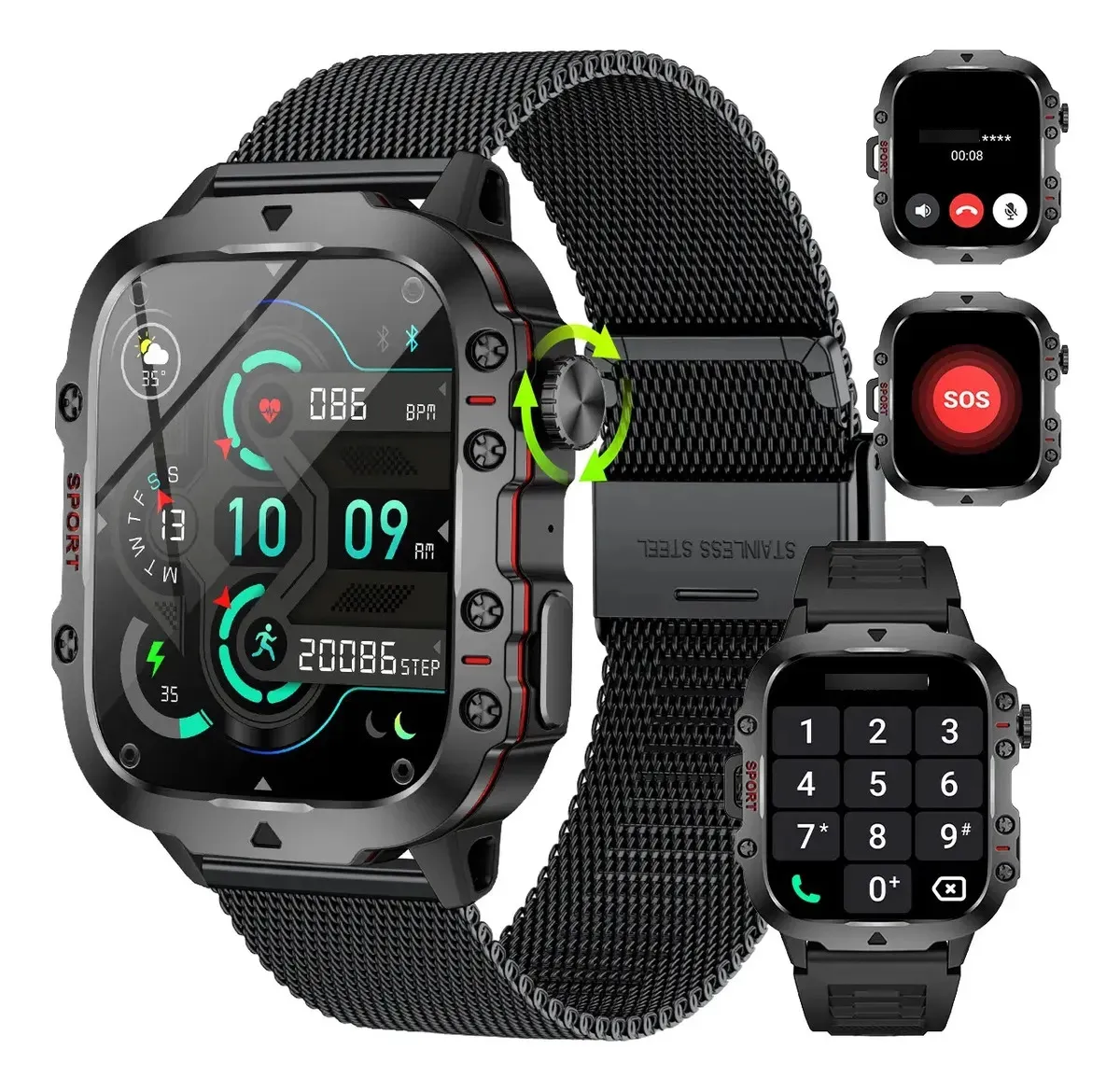 FOXBOX Smartwatch Inteligente Preto Mesh - Chamadas Bluetooth, Medição de Frequência Cardíaca