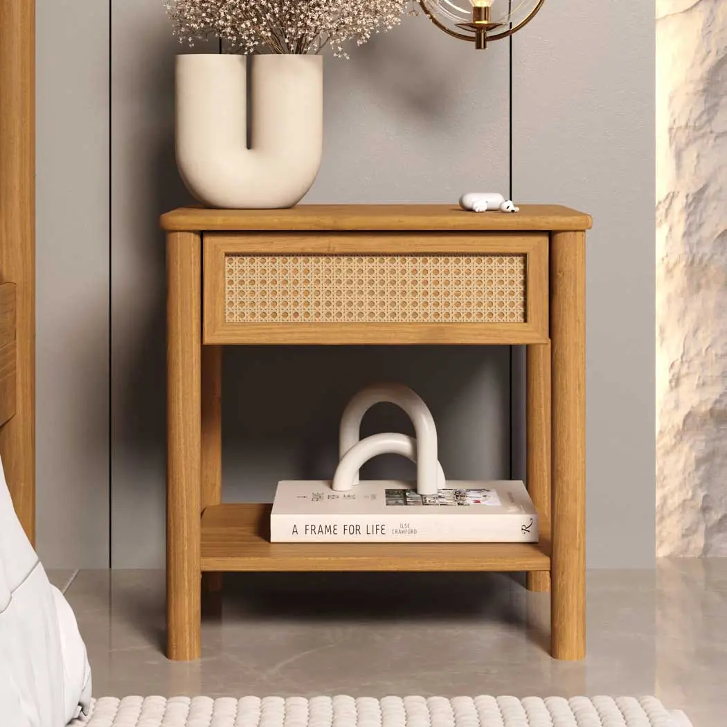 Mesa de Cabeceira Rattan Cefira 1 Gaveta Madeira Freijó Fosco