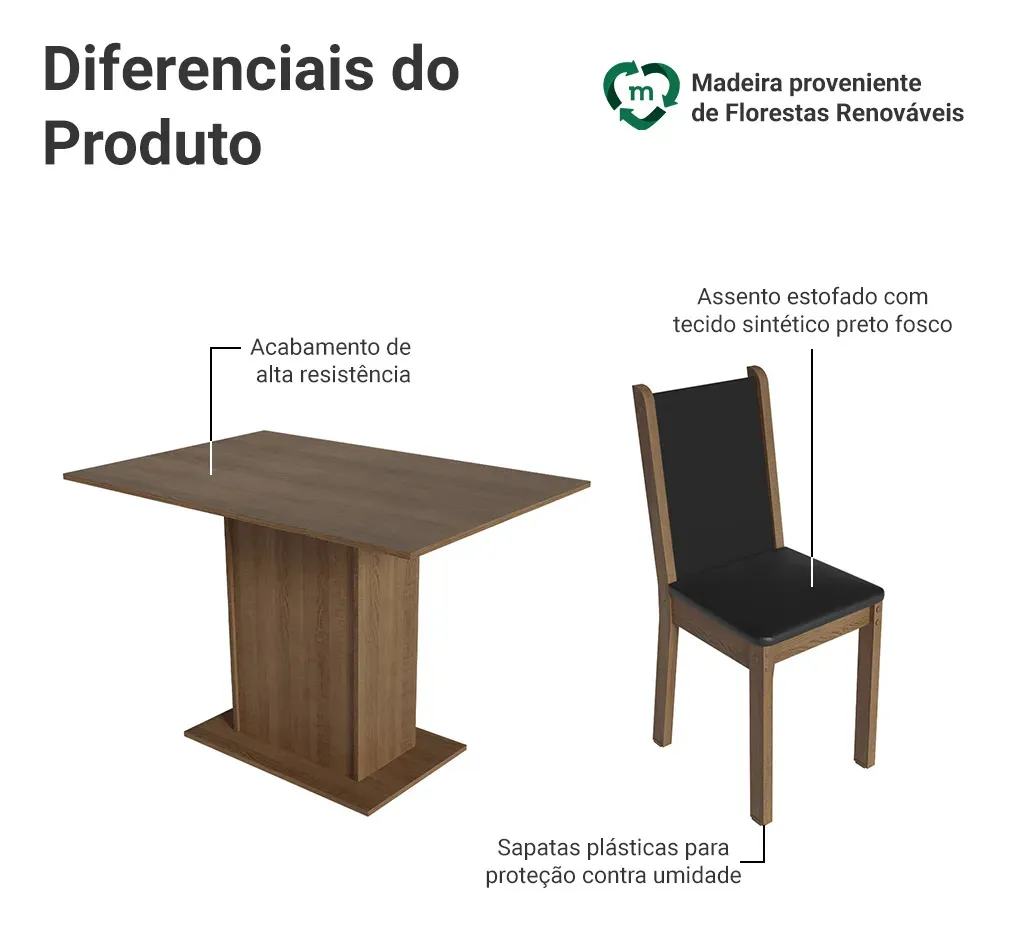 Mesa de Jantar Madesa Talita com Tampo de Madeira e 4 Cadeiras - Cor Rustic/Preto