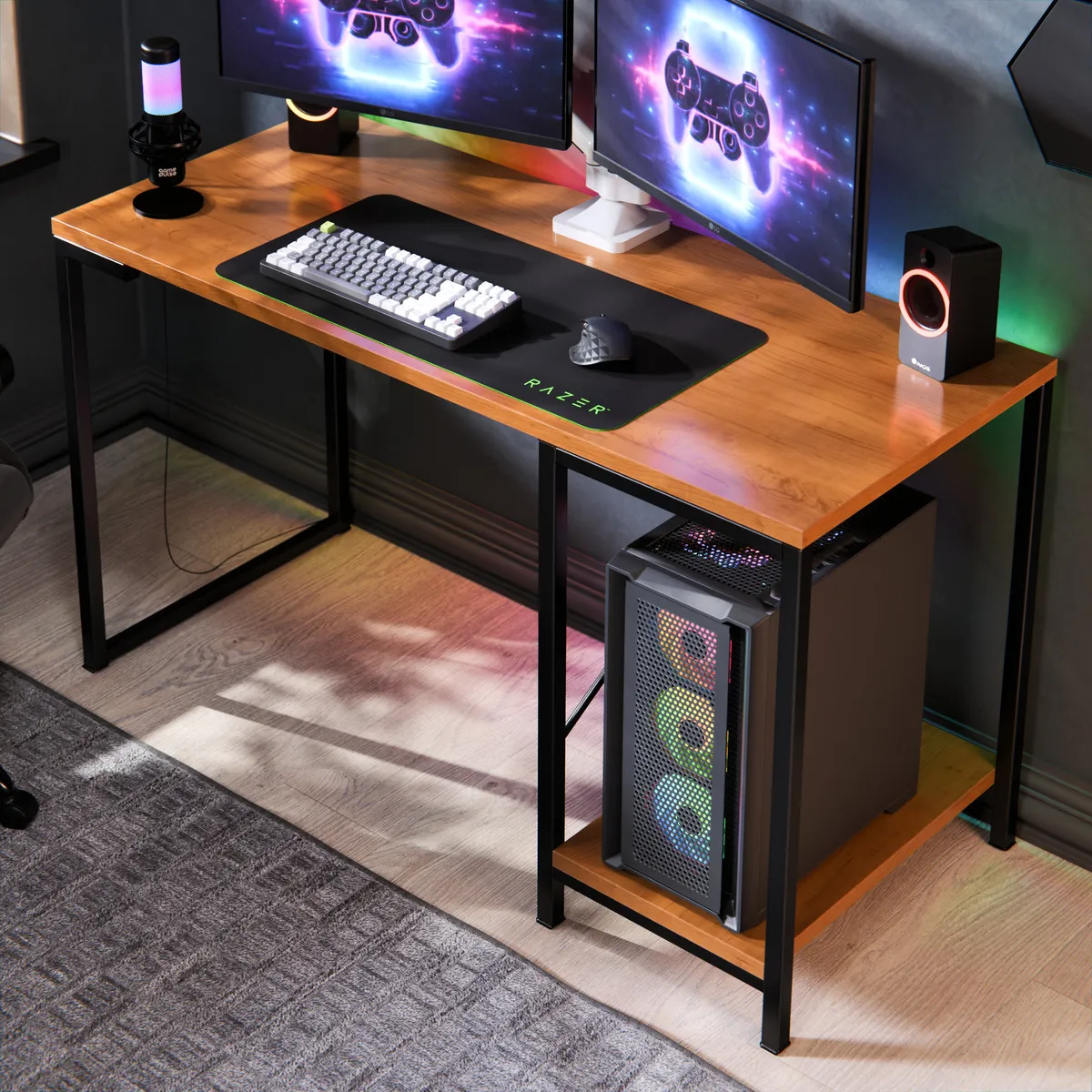 Escrivaninha Gamer Tokyo MDF - Mesa para Computador com Suporte para CPU e Prateleira Lateral - Cor Canela e Preto