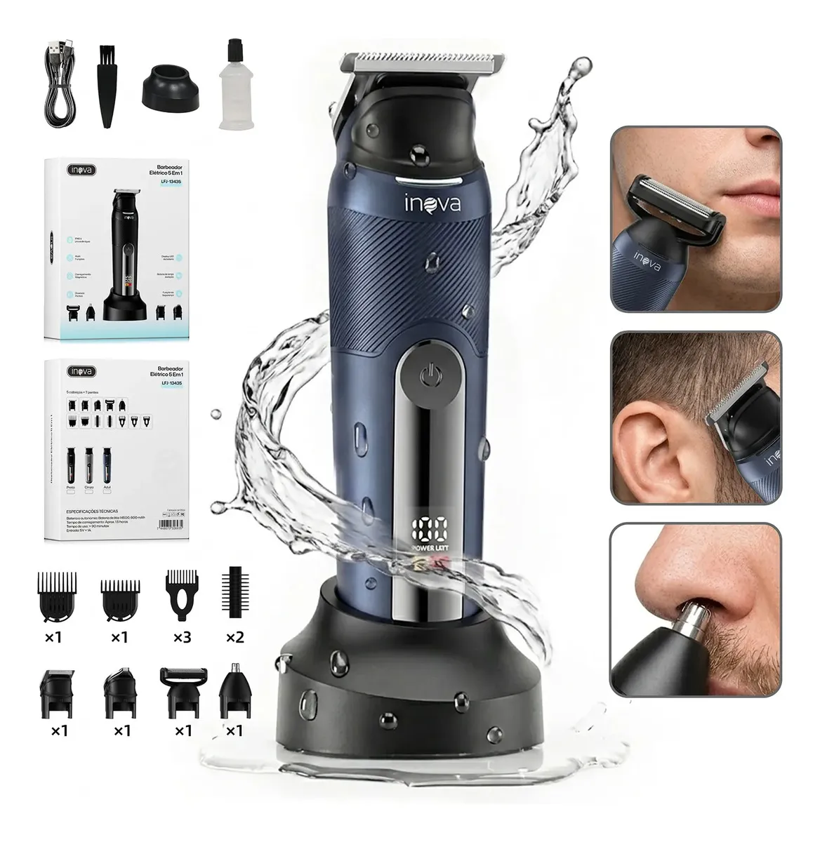 Barbeador Elétrico Inova Multigroom 5 em 1 com 8 Pentes e Bateria Recarregável