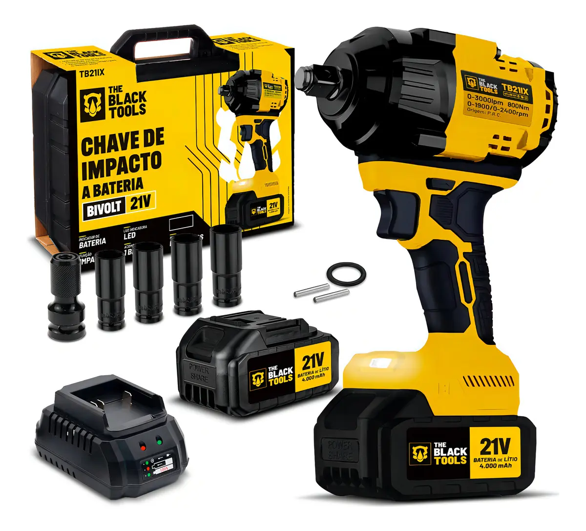 Chave de Impacto a Bateria 21V The Black Tools - 650Nm com Acessórios e Maleta