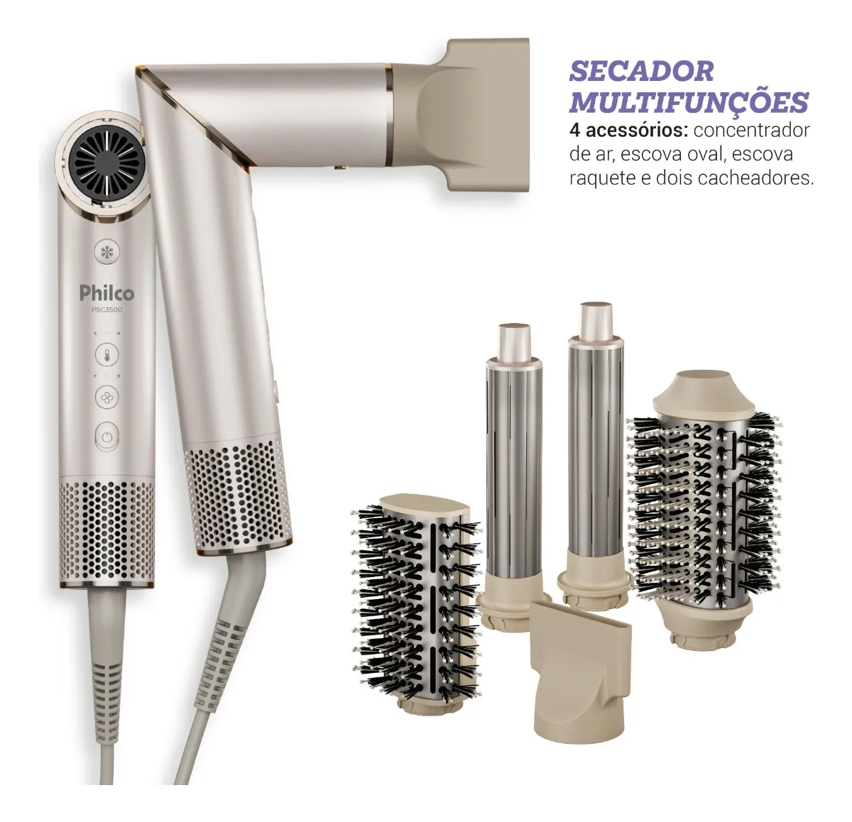 Secador de Cabelos Philco PSC3500 4 em 1 Dobrável Motor BLDC Prateado