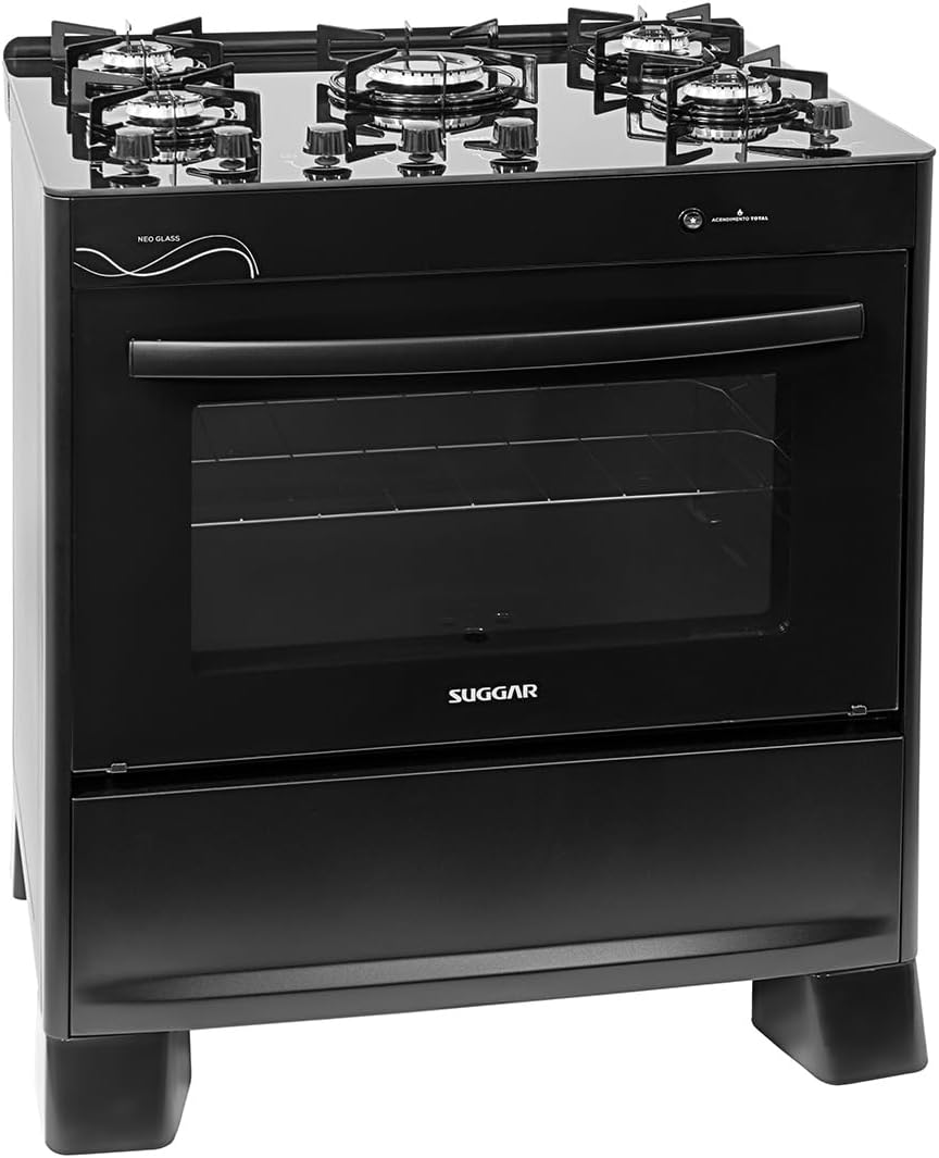 Fogão Suggar Neo Glass Preto 5 Bocas Mesa de Vidro FGVNG510PT