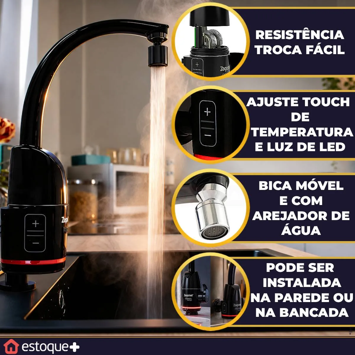 Torneira Elétrica Zagonel Prima Touch Preta para Parede e Bancada — foto 2