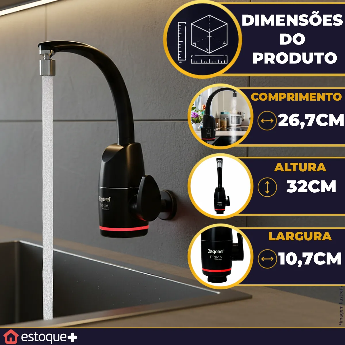 Torneira Elétrica Zagonel Prima Touch Preta para Parede e Bancada — foto 3