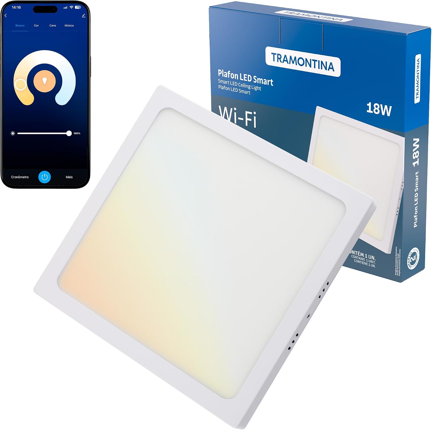 Tramontina Plafon Smart LED Quadrado 18W Wi-Fi + Bluetooth - Compatível com Alexa e Google